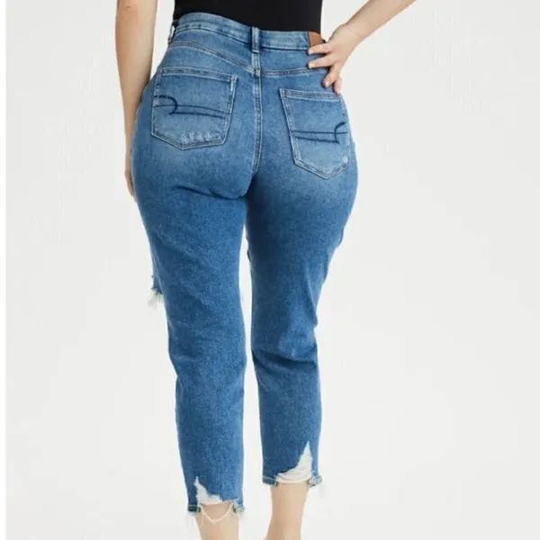 American Eagle Women's Sz 4 Regular Curvy Mom Jean Medium Wash Destroyed Stretch - Image 3
