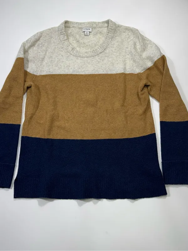 J. Crew Wool Blend Colorblock Crewneck Sweater in Cream, Brown & Navy - Image 2