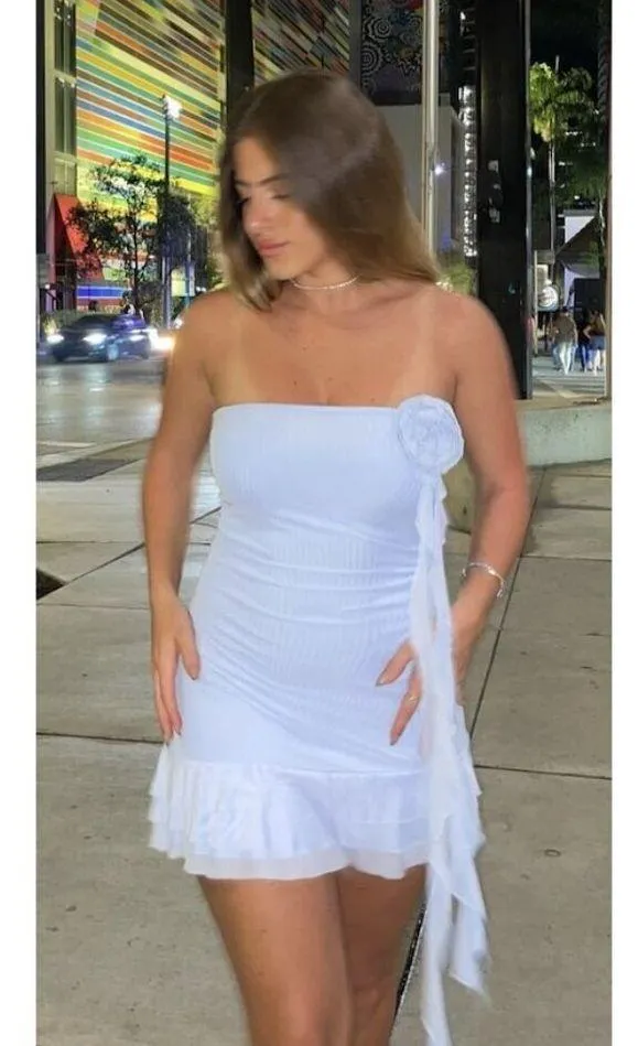 EDIKTED Thalia Rosette Ruffle Strapless Minidress in Blue Size Medium - Image 3