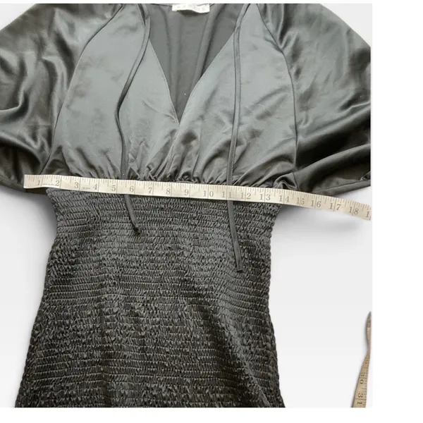 Karlie Black Satin Smocked V-Neck Mini Dress Lantern Sleeve Ruffle Hem - Image 6