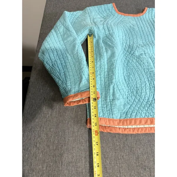 Handmade Women's Quilt Crewneck Light Blue With Coral Trim Sz M Cottage Core - Image 4