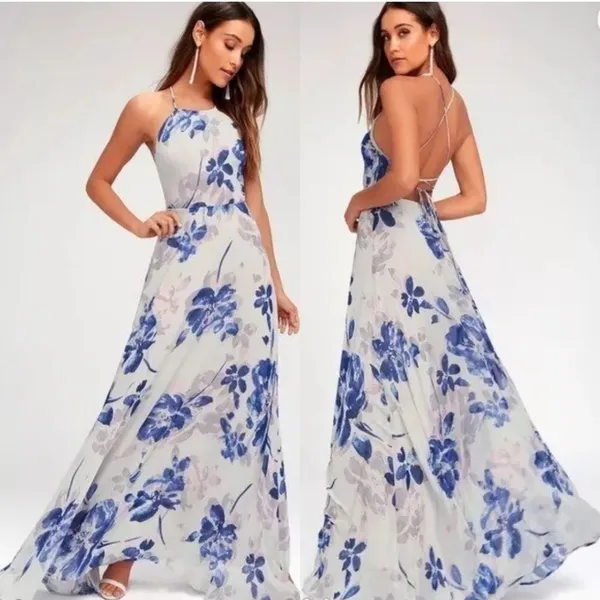 Lulus All I Need Floral Print Lace-Up Maxi‎ Dress in Grey Small - Image 2