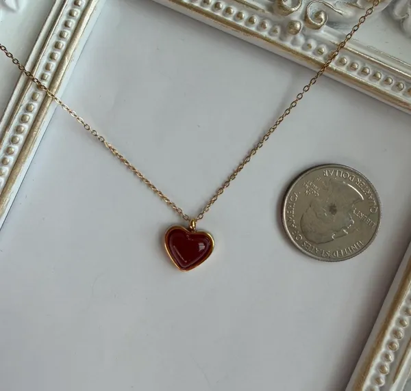Gold necklace with red heart charm non tarnish - Image 3