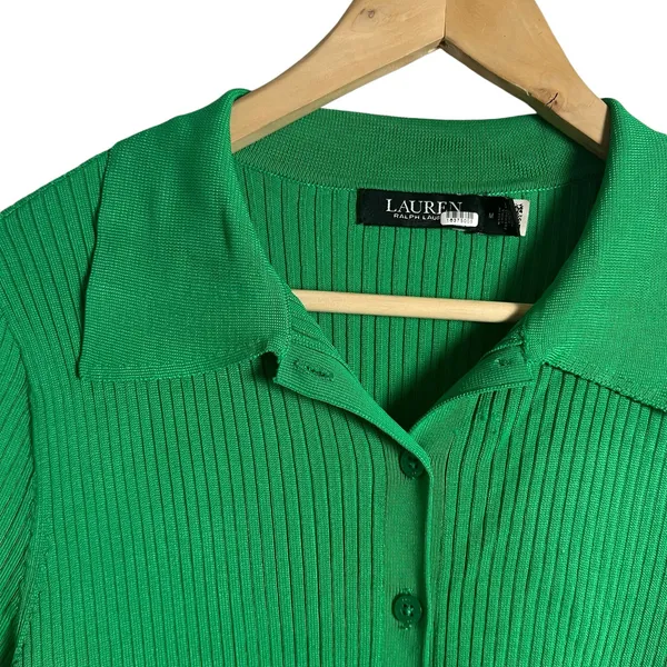 Lauren Ralph Lauren Green Collared Polo Ribbed Knit Cardigan Sweater Size M - Image 7