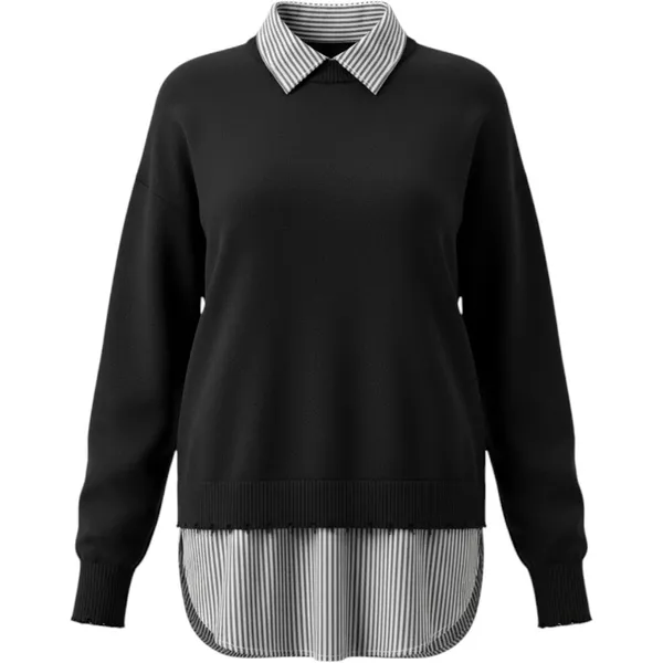 J. Society Layered Sweater Shirt S Black V-Neck Striped Collar Distressed Hem - Image 4