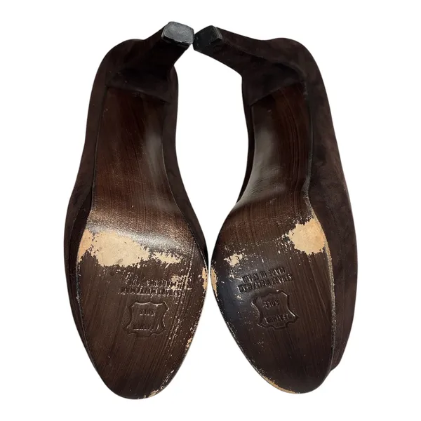 Stuart Weitzman Dark Brown Suede Peep-Toe Heels with Bow Detail - Image 7