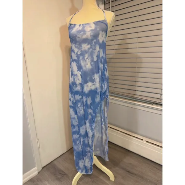 Blue Cloud Print Halter Swim Cover Up Maxi Dress Beach Resort Side Slit - Image 6