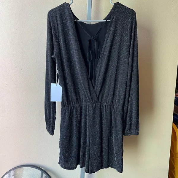 If By Sea Anthropologie Black and Silver Shimmer Open Back Romper Size Medium - Image 2