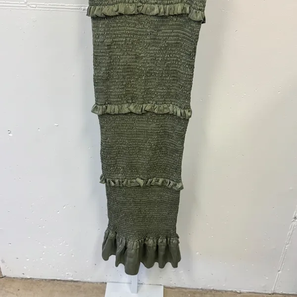 MABLE Smocked Tiered Ruffle Midi Dress Olive Green MD2291I‎ Small Summer Party - Image 4