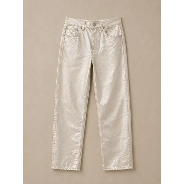 Zara Women Jeans Size 2 Silver The Boy Boy Fit Metallic Straight Leg Denim - Image 2