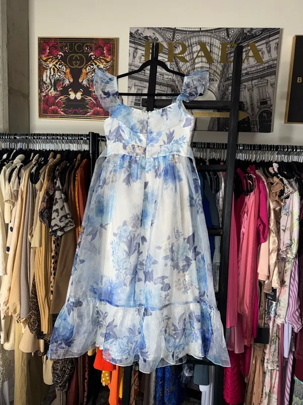 Lulus Sweet Composure Blue Floral Organza Off Shoulder Midi Dress Medium New NWT - Image 14