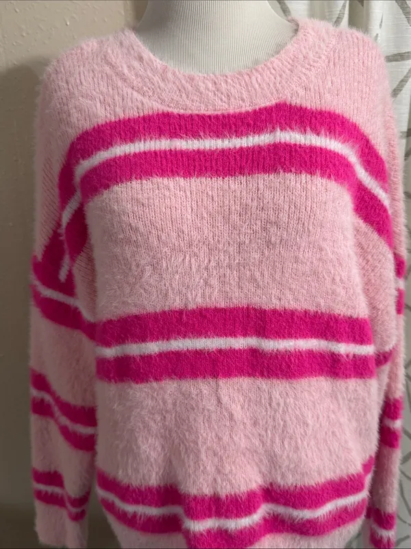 No Boundaries Pink Fuzzy Crewneck Sweater with Hot Pink Stripes - Image 3