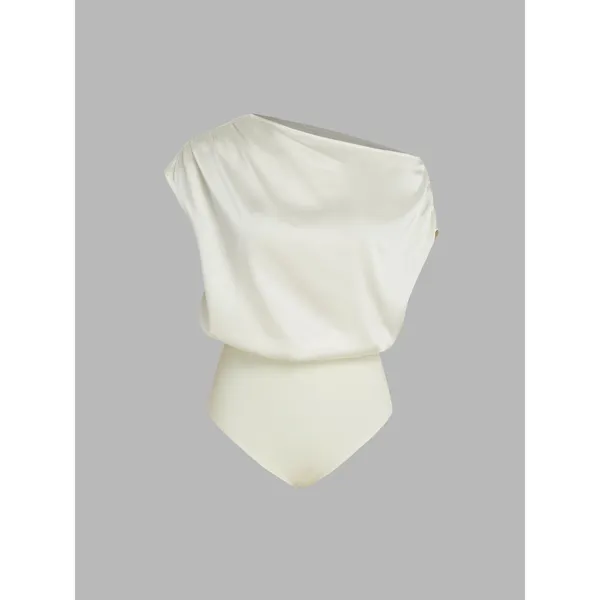 Cider Beige Satin Asymmetrical Neck Ruched Bodysuit Size XS - Image 4