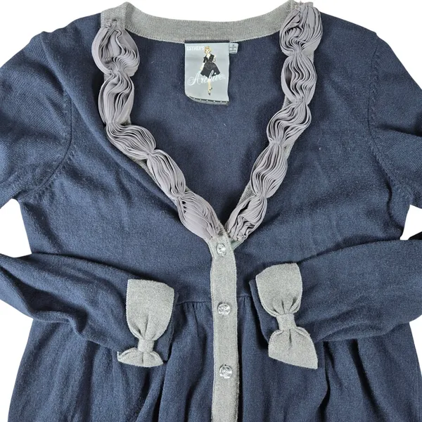 Esther's Archive‎ Navy Blue Cotton Cashmere Ruffle Bow Cardigan Sweater Small - Image 3
