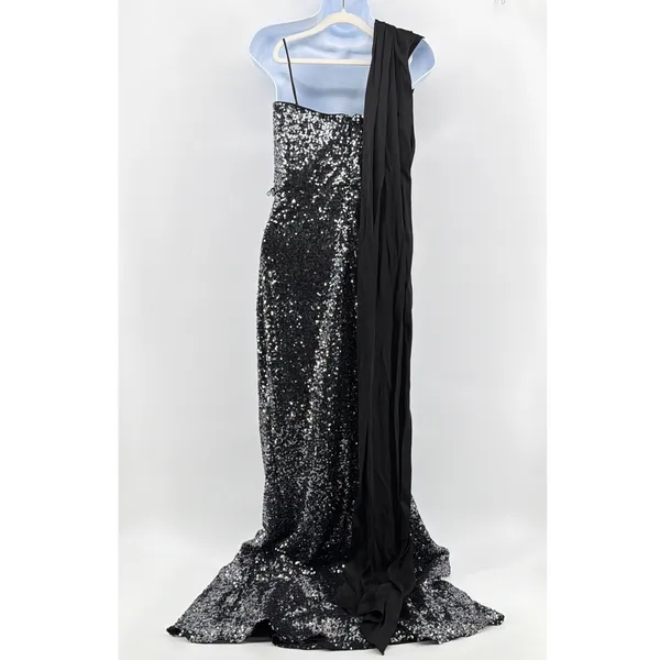 Badgley Mischka Gown Womens 4 Silver Black Excellent Sequin One Shoulder Formal - Image 5