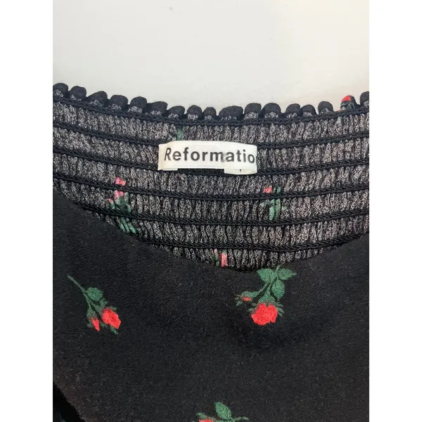 Reformation Pinto Black Long-Sleeve Rose Print Square-Neck Top Sz 10 - Image 4