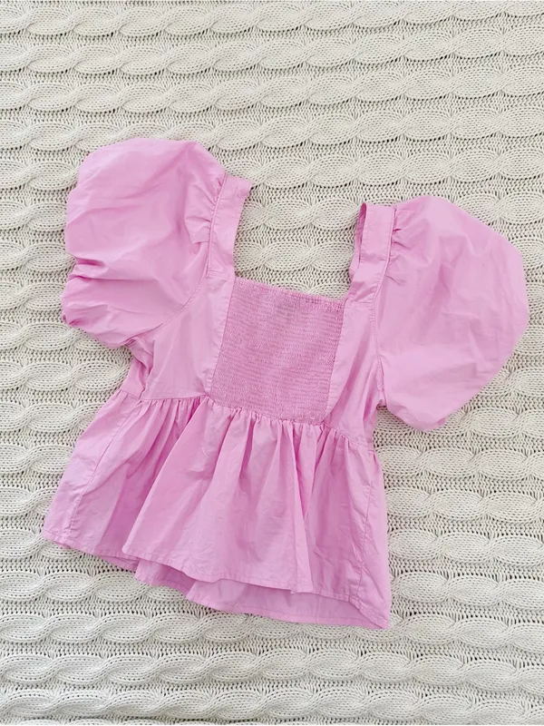 Old Navy Pink Puff Sleeve Square Neck Peplum Blouse - Image 3
