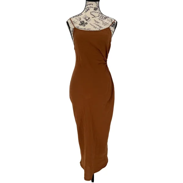 Zara Cut-Out Linen Blend‎ Midi Dress Rust Brown Women's XS EUC - Image 2