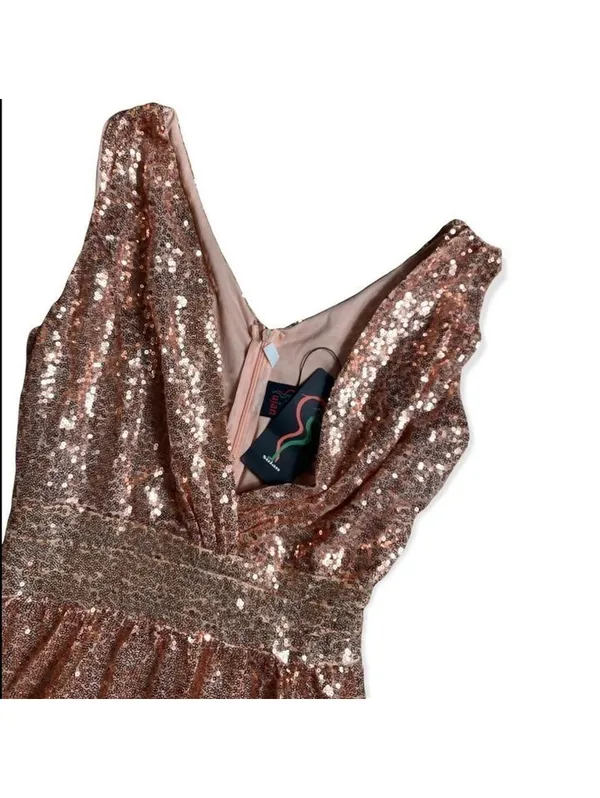 Sujan Rose Gold Sequin Cocktail Party Dress V-Neck Sleeveless NWT Small - Image 3