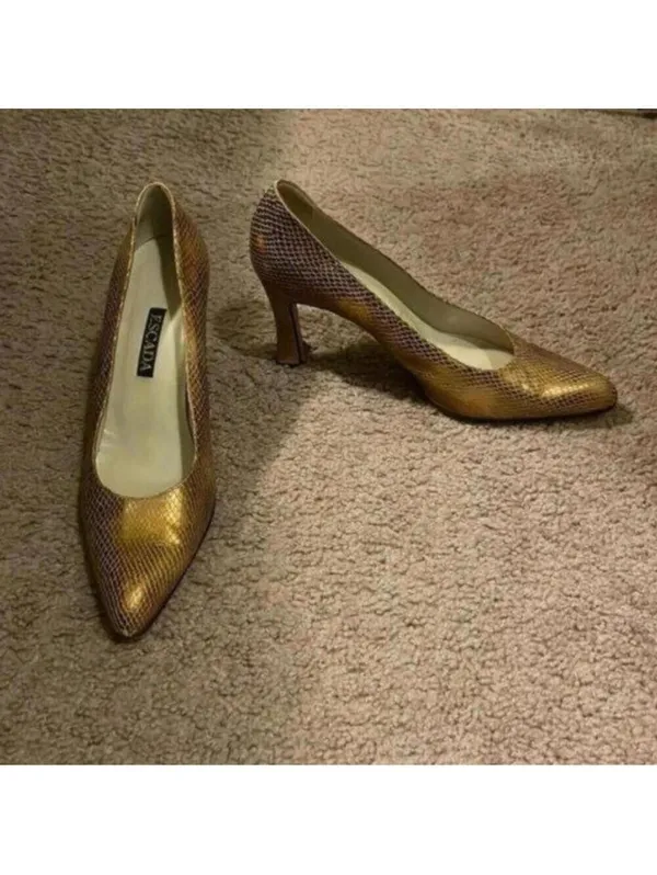 Vintage Escada Gold Metallic Snakeskin High Heel Shoes - Image 2