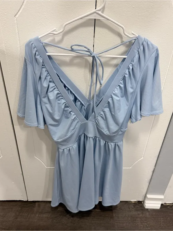 NWOT Halara Blue V Neck Tie Back Babydoll Short sleeve Dress - Image 6