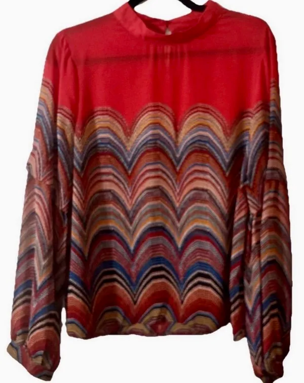 SheIn Red Chevron Wave Pattern Long-Sleeve Women's Top - Image 2