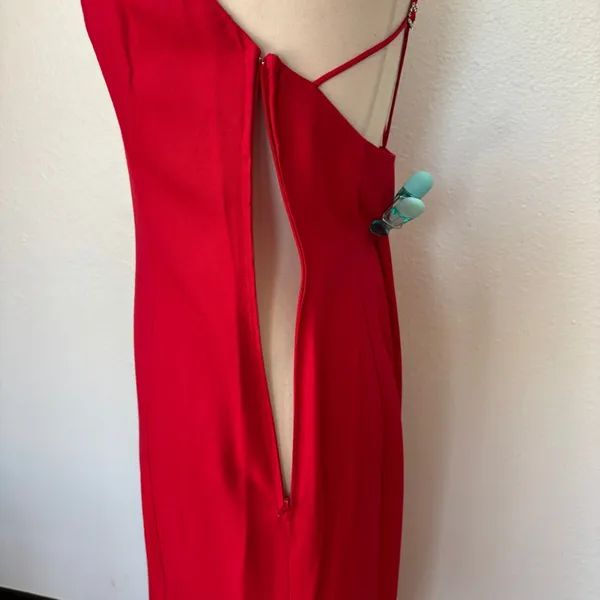 Vintage Solid Red Sleeveless Full Length Strappy Rhinestone Formal Dress - Image 8