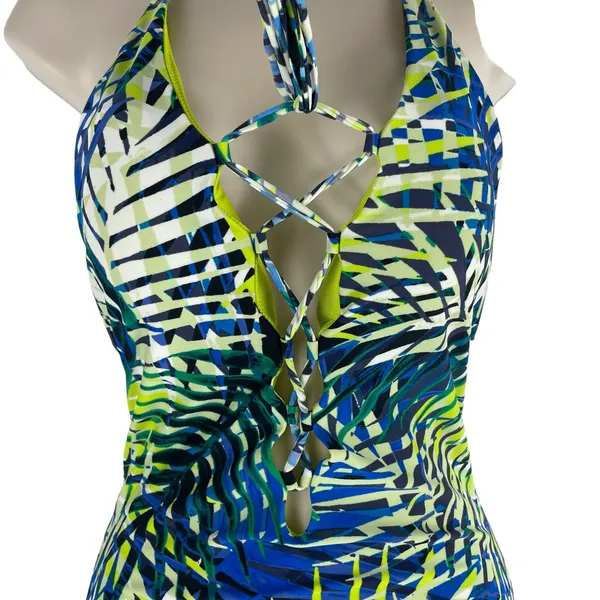 Aerie Tropical Leaf Print Plunge V Neck Lace Up One Piece Swimsuit Size S - Image 5