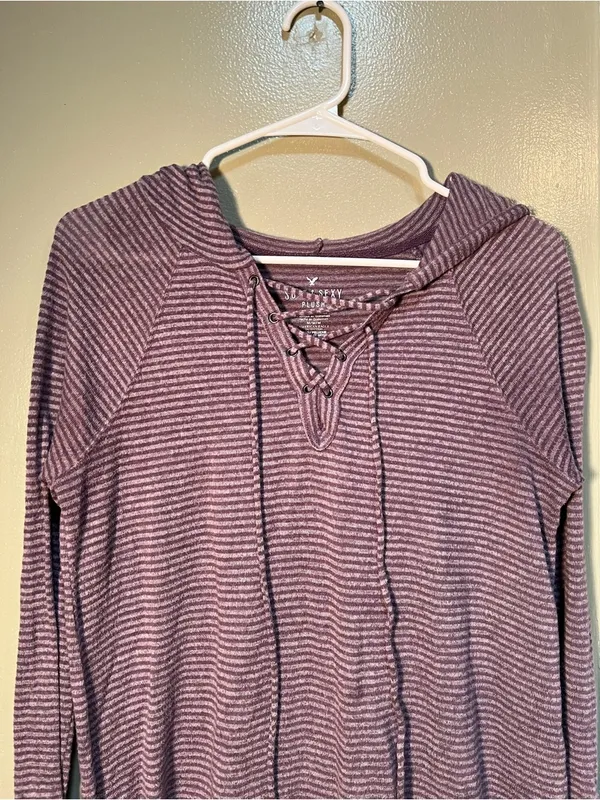 American Eagle Women's Size Medium Soft & Sexy Plush Hoodie Purple Gray‎ Stripes - Image 2