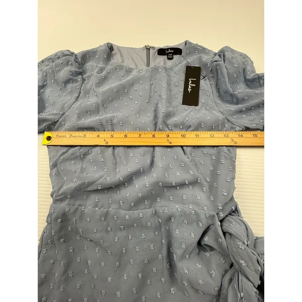Lulus Light Blue Swiss Dot‎ Long Sleeve Wrap Mini Dress XXS New With Tags - Image 4