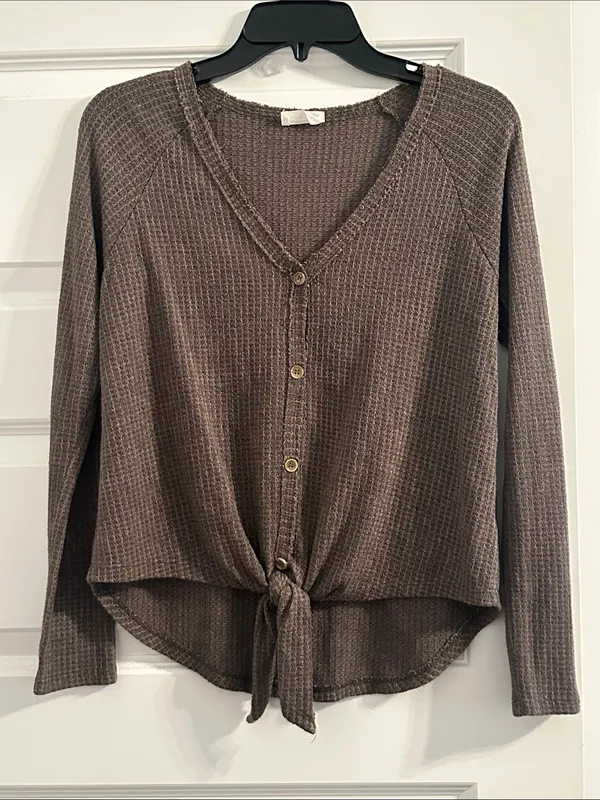 Sienna Sky Dark Green Waffle-Knit Button-Front Tie Hem Top - Image 3