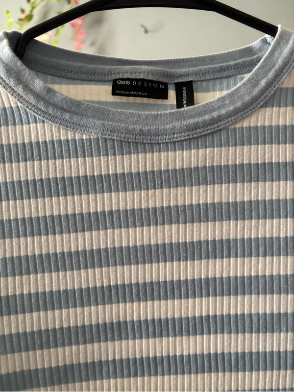 ASOS Design Blue & White Striped Ribbed T-Shirt - Image 2