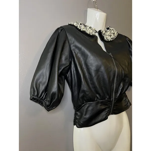 Maeve Blouse Womens XS Black Faux Leather Pearl Beaded Collar Cropped Zip Top - Image 4