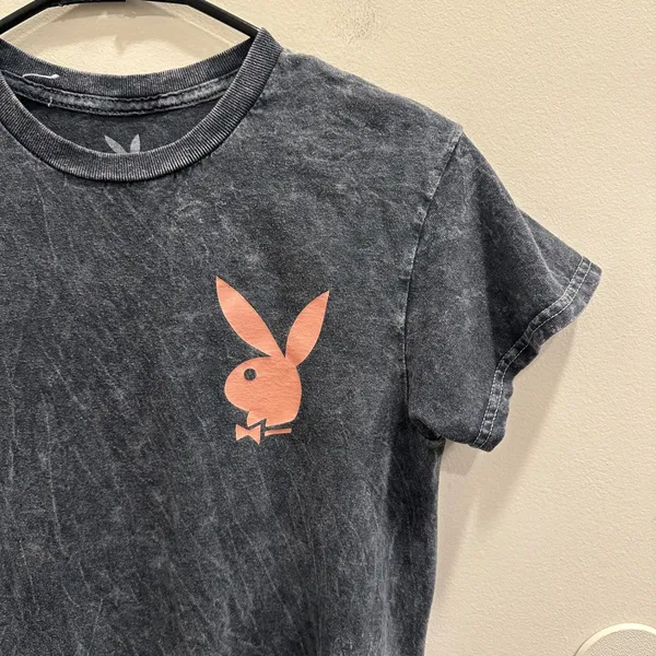 Playboy Acid Wash Graphic T-Shirt Gray Pink Bunny Logo Short Sleeve Small Grunge - Image 3