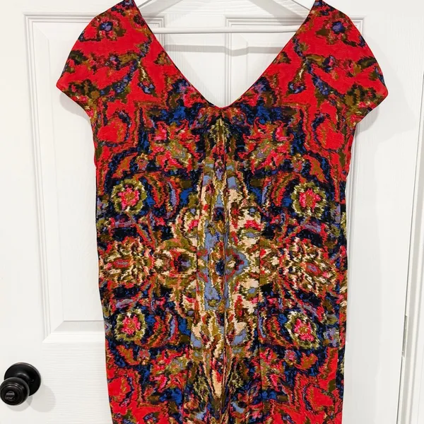 Maeve Red Multicolor Boho Festival Sheath Mini Small Dress V-Neck Short Sleeve - Image 2