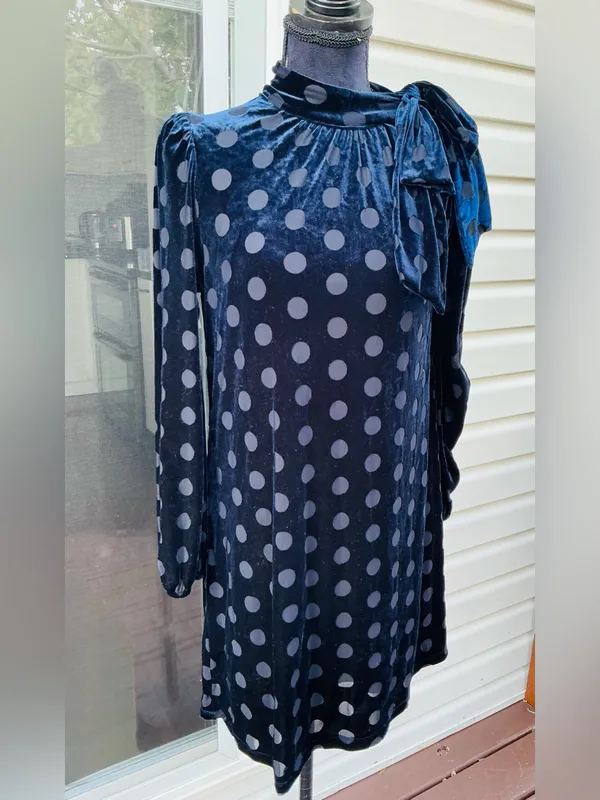 Calvin Klein Navy Velvet Polka Dot Tie-Neck Long Sleeve Dress🥀 - Image 3
