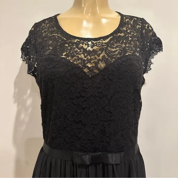 Miusol Black Floral Lace Cap Sleeve Belted Maxi Dress Sz L Formal Chiffon - Image 2