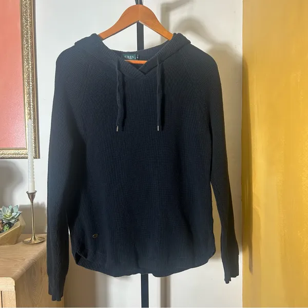 Lauren Ralph Lauren 100% Cotton Waffle Knit Hoodie Pullover Sweater Black Size L - Image 2