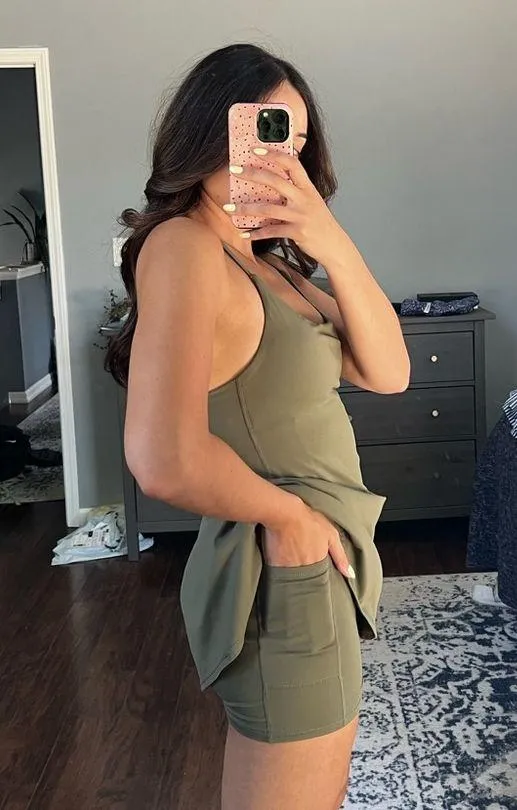 Olive Green Athletic Dress w/ Spandex Shorts - Image 2