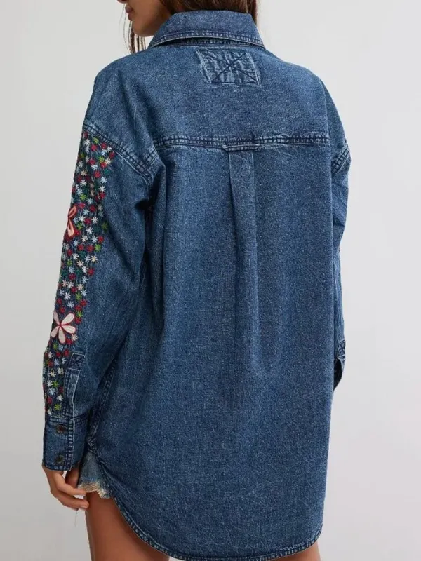 FREE PEOPLE NWT Rainbow Embroidered Denim Shirt / Rinse Wash - Image 5