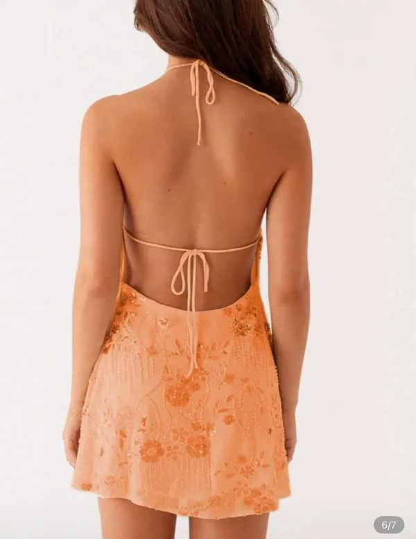 Y2K Beaded Halter Dress Orange Size 8 - Image 3