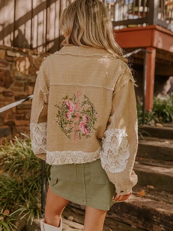 POL Cropped Raw Edge Distressed Jacket Medium Boho Lace Floral Embroidery - Image 8