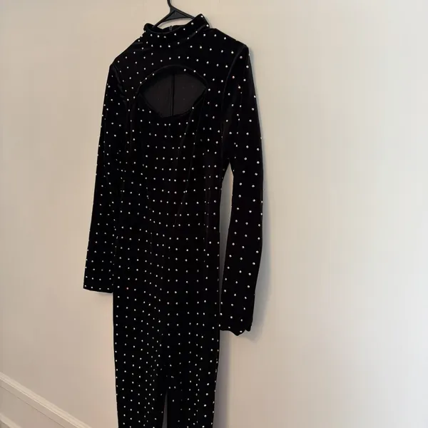 runway collection johnathan kayne Large Black velvet jumpsuit jewel Formal Party - Image 3