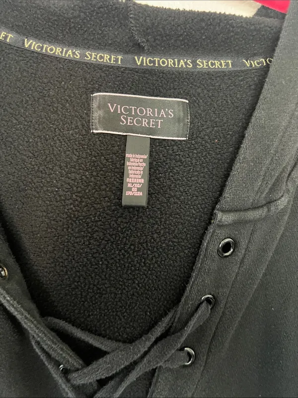 EUC Victoria's Secret Black Lace-Up Hooded Sweatshirt sz XL - Image 3