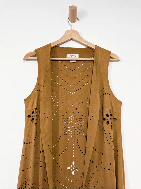 Ariat Magdelena Faux Suede Duster Long Vest Laser Cutout Floral Size Small - Image 5
