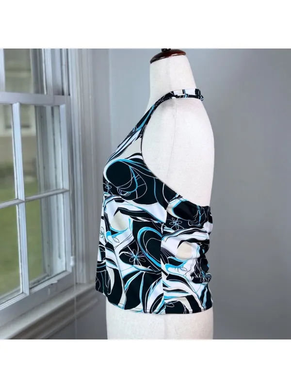Y2K Vintage Halter Top Blue Black Floral Abstract Swirls Small McBling Going Out - Image 2
