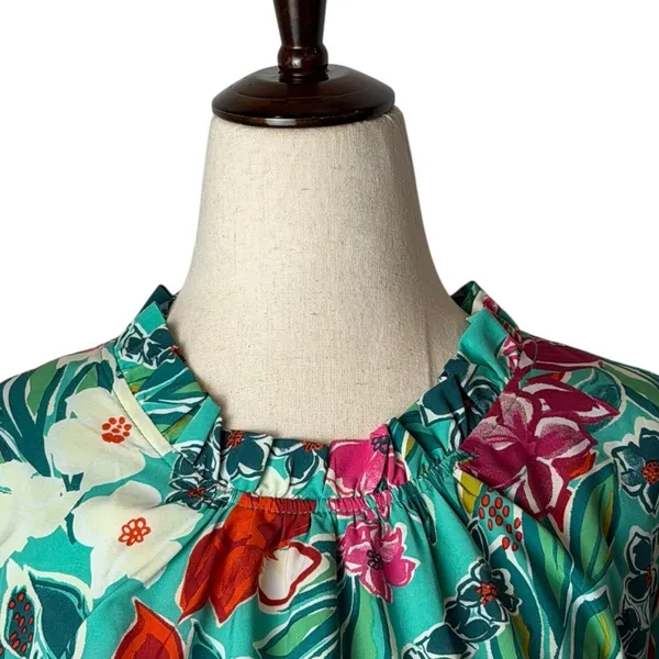 THML Dress Women XL Green Floral Puff Sleeve Ruffle Neck Tiered Mini Bohemian‎ - Image 2