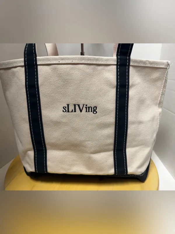 L.L. Bean Off White Boat and Tote Custom Cotton Canvas Bag Black Long Handles - Image 2