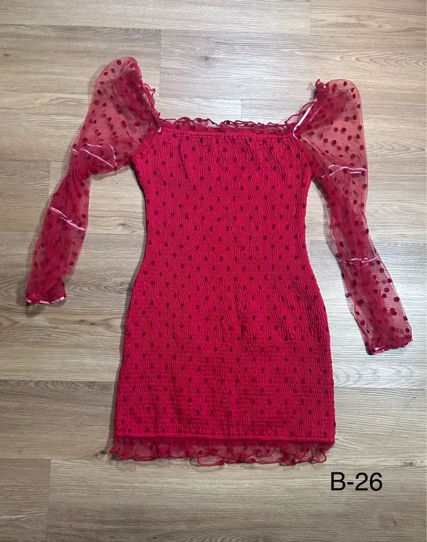 LIBASHA Size L Red Polka Dot Smocked Mini Dress Sheer Puff Sleeves - Image 6