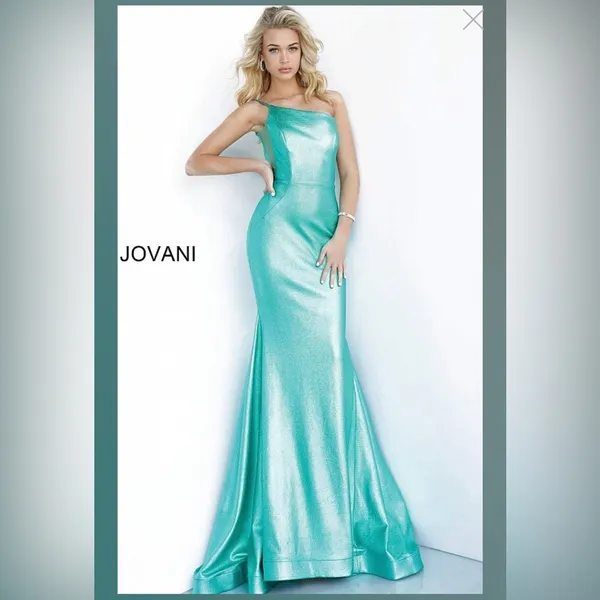 New! Jovani 02136 Metallic Fitted One Shoulder Prom Dress Aqua Green Sz 00 $500‎ - Image 3